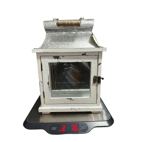 Rustic White Metal & Wood Lantern With Glass Panels - Picture 2 of 7